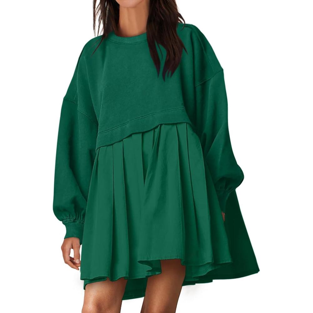 imageANRABESS Women Sweatshirts Dress Oversized Long Sleeve Patchwork Casual Loose Pleated Pullover Mini Dress Fall Outfits 2025Green