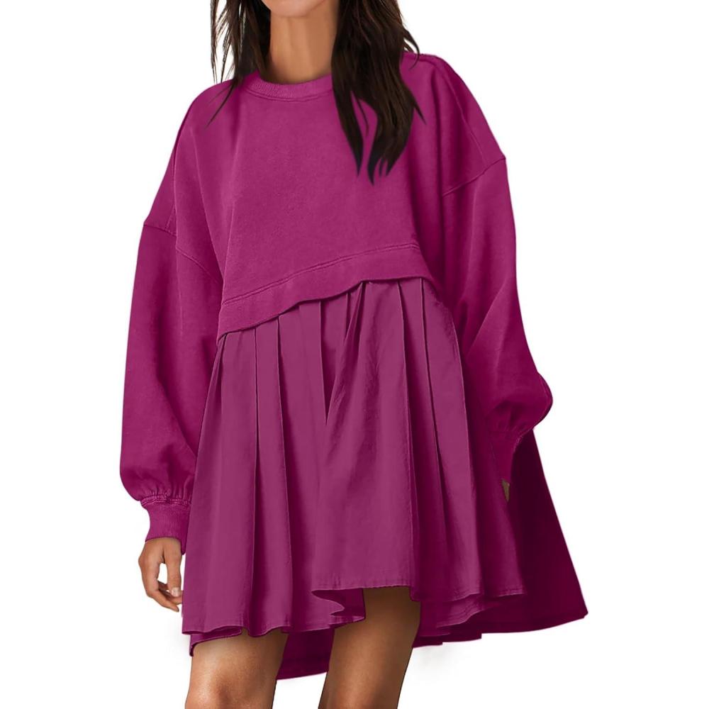 imageANRABESS Women Sweatshirts Dress Oversized Long Sleeve Patchwork Casual Loose Pleated Pullover Mini Dress Fall Outfits 2025Hot Pink