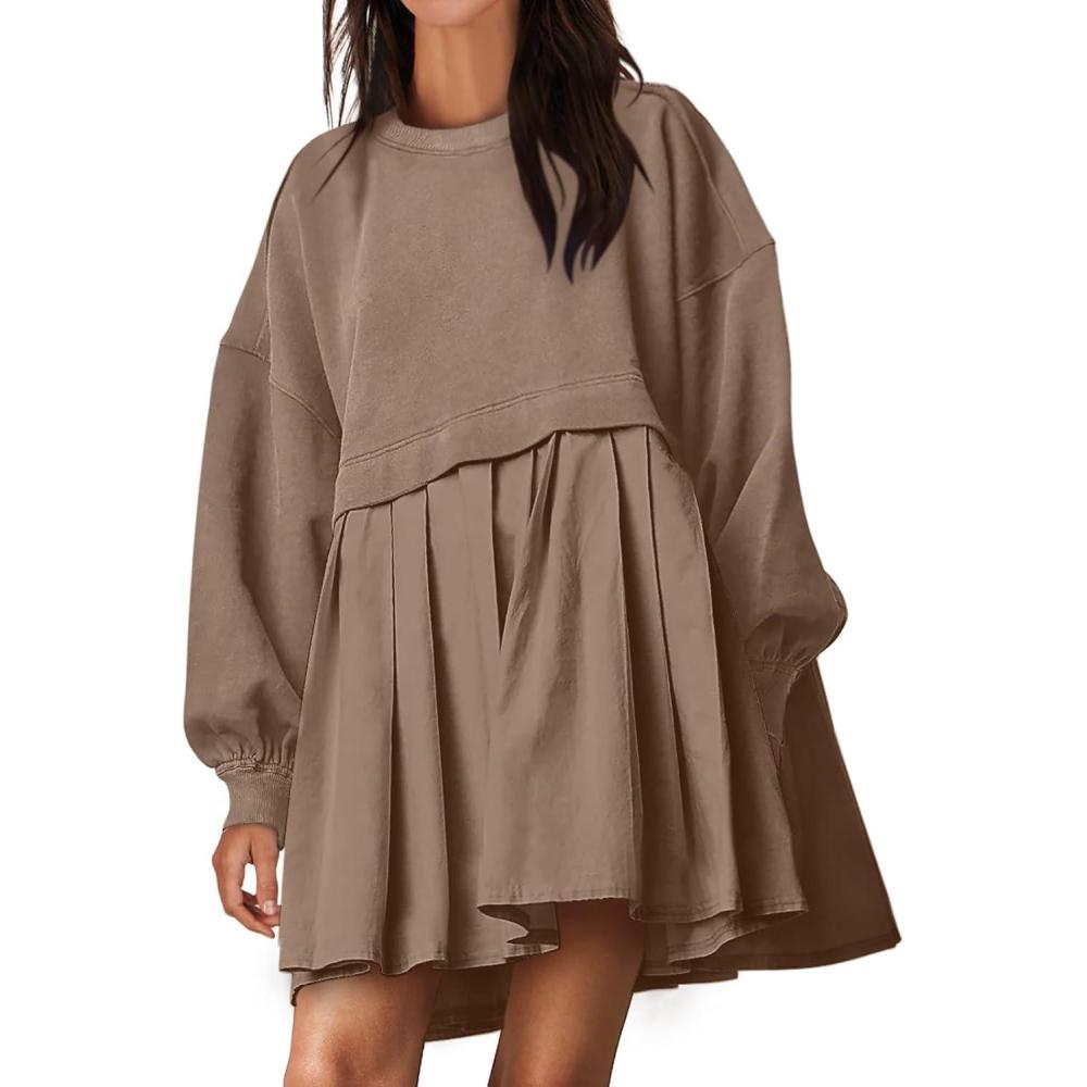 imageANRABESS Women Sweatshirts Dress Oversized Long Sleeve Patchwork Casual Loose Pleated Pullover Mini Dress Fall Outfits 2025Khaki