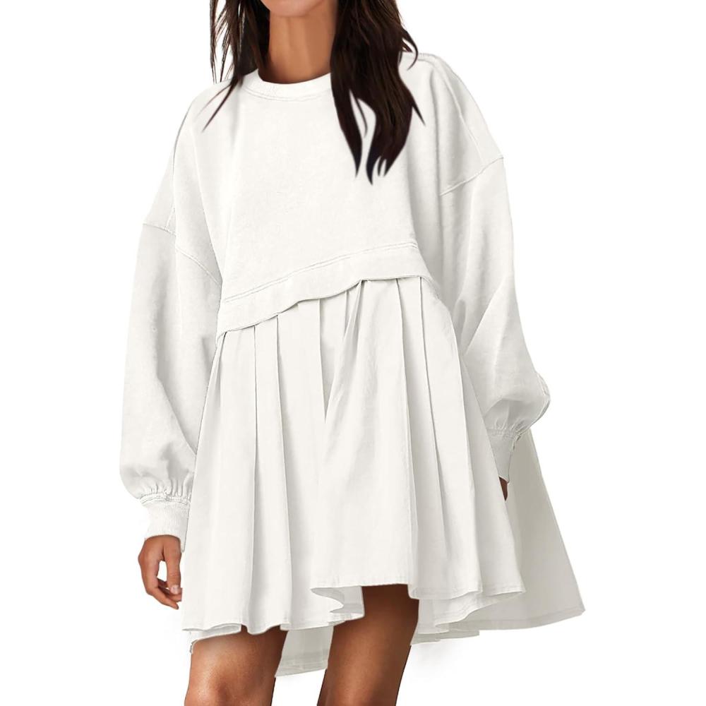 imageANRABESS Women Sweatshirts Dress Oversized Long Sleeve Patchwork Casual Loose Pleated Pullover Mini Dress Fall Outfits 2025White