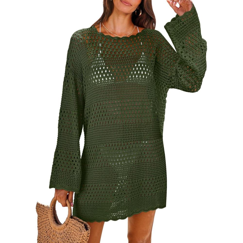 imageANRABESS Women Swimsuit Crochet Swim Cover Up 2025 Summer Bathing Suit Swimwear Mesh Knit Beach Dress Vacation OutfitsArmy Green