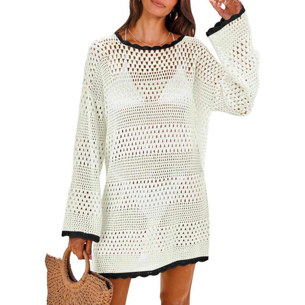 imageANRABESS Women Swimsuit Crochet Swim Cover Up 2025 Summer Bathing Suit Swimwear Mesh Knit Beach Dress Vacation OutfitsBlackwhite