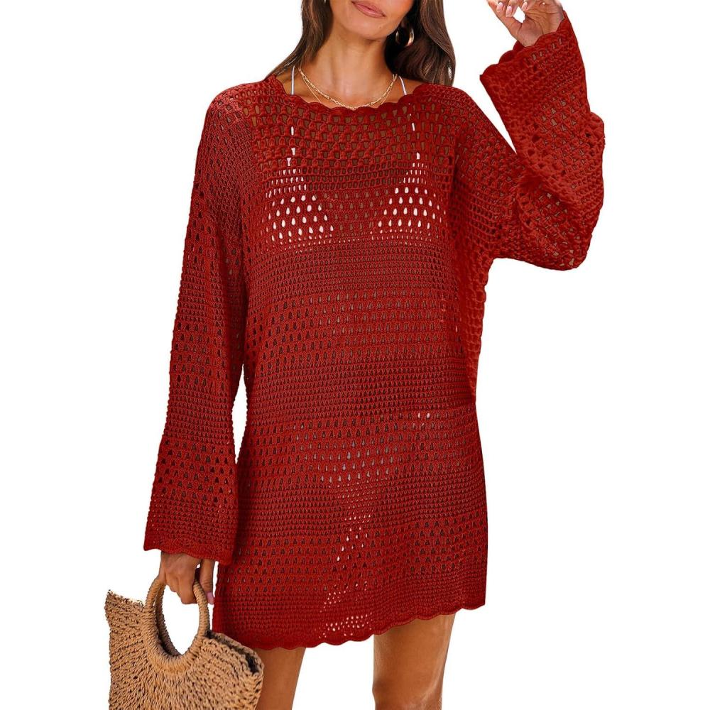 imageANRABESS Women Swimsuit Crochet Swim Cover Up 2025 Summer Bathing Suit Swimwear Mesh Knit Beach Dress Vacation OutfitsBurgundy