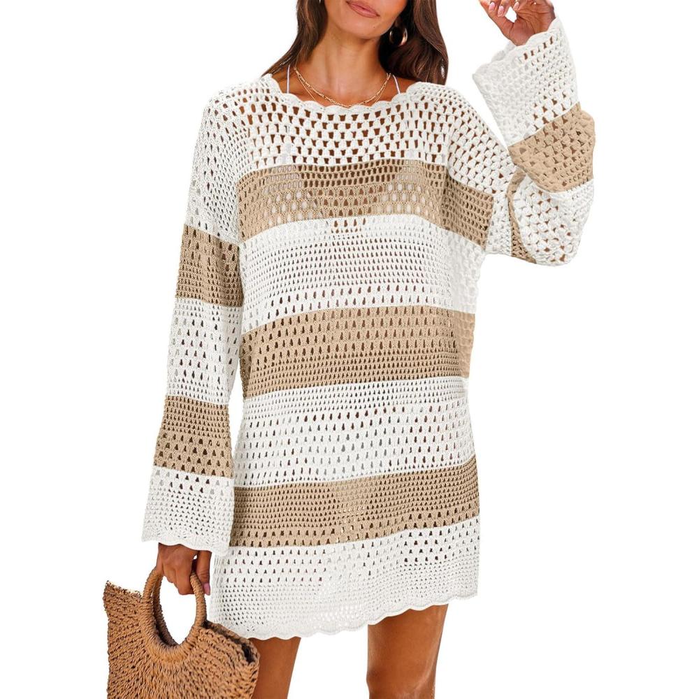 imageANRABESS Women Swimsuit Crochet Swim Cover Up 2025 Summer Bathing Suit Swimwear Mesh Knit Beach Dress Vacation OutfitsKhakiwhite