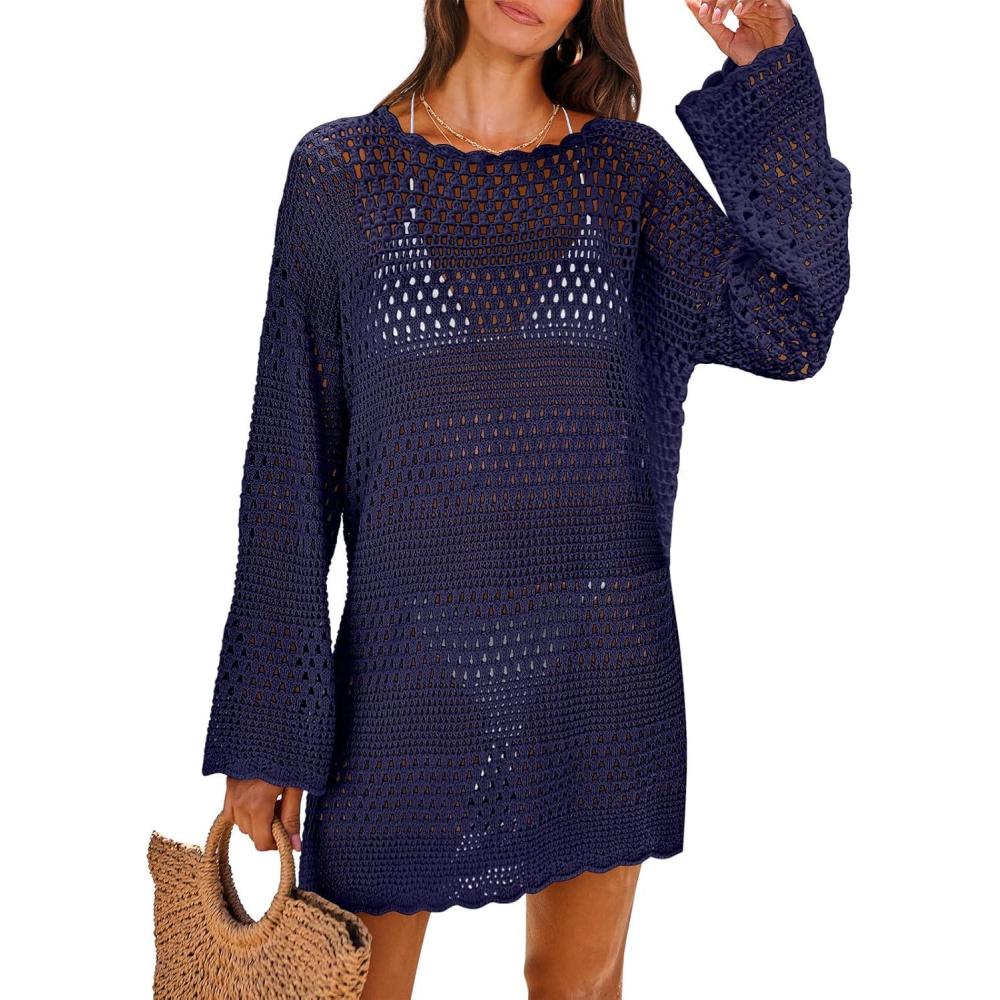 imageANRABESS Women Swimsuit Crochet Swim Cover Up 2025 Summer Bathing Suit Swimwear Mesh Knit Beach Dress Vacation OutfitsNavy Blue