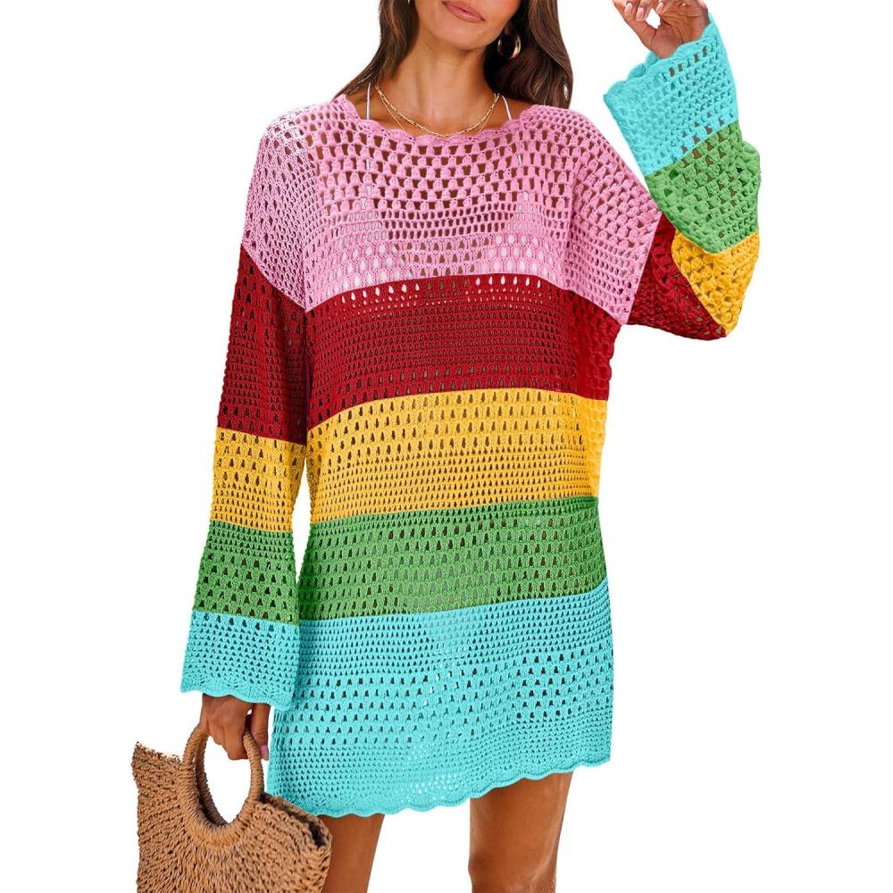 imageANRABESS Women Swimsuit Crochet Swim Cover Up 2025 Summer Bathing Suit Swimwear Mesh Knit Beach Dress Vacation OutfitsRainbow Stripe