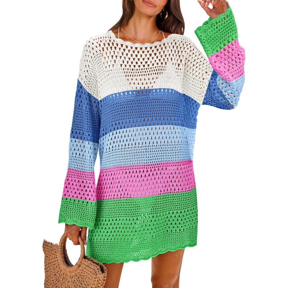 imageANRABESS Women Swimsuit Crochet Swim Cover Up 2025 Summer Bathing Suit Swimwear Mesh Knit Beach Dress Vacation OutfitsRainbow Stripes