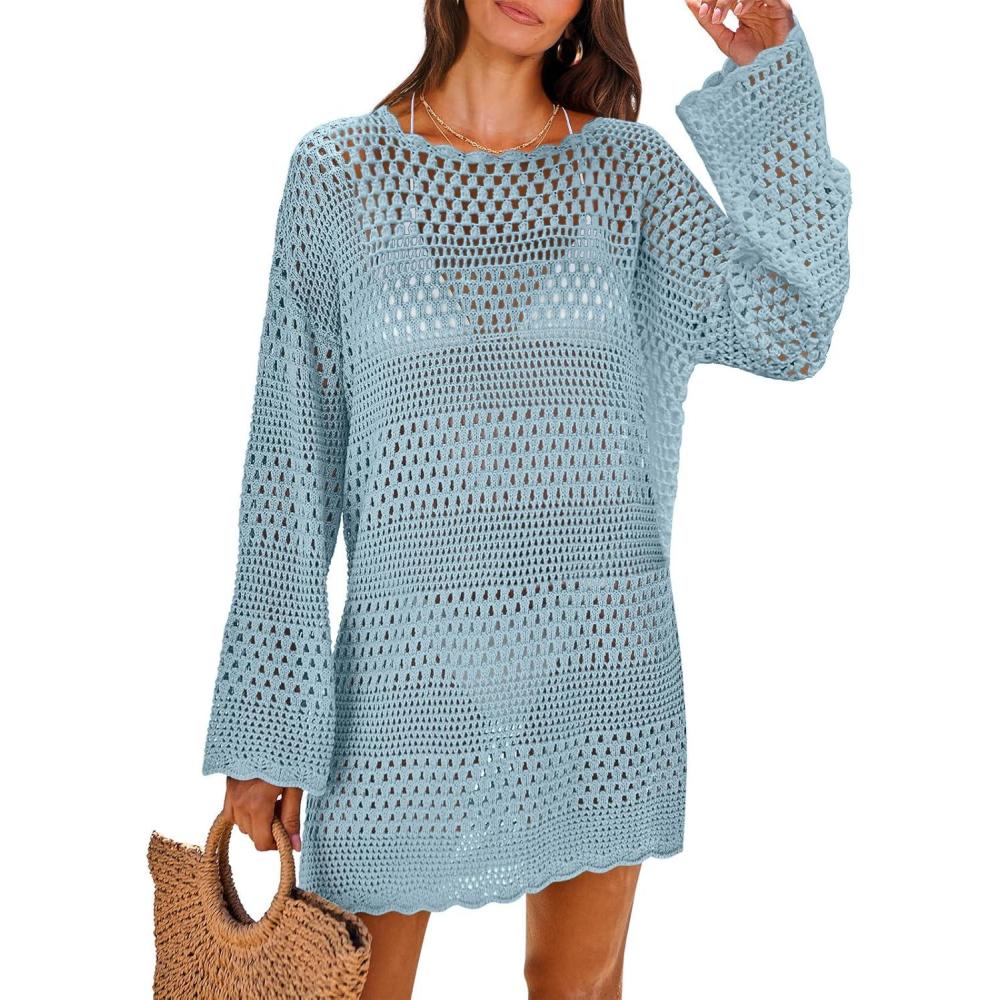 imageANRABESS Women Swimsuit Crochet Swim Cover Up 2025 Summer Bathing Suit Swimwear Mesh Knit Beach Dress Vacation OutfitsSky Blue