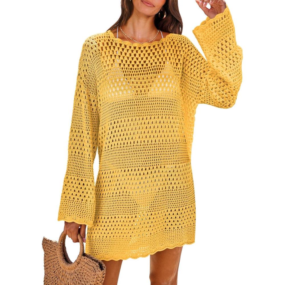 imageANRABESS Women Swimsuit Crochet Swim Cover Up 2025 Summer Bathing Suit Swimwear Mesh Knit Beach Dress Vacation OutfitsYellow