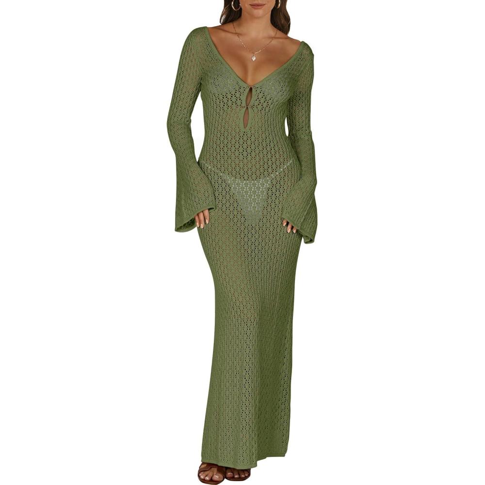 imageANRABESS Women Swimsuit Swim Crochet Cover Up Knit Bathing Suit Swimwear 2025 Summer Bodycon Beach Dress Vacation ClothesArmy Green