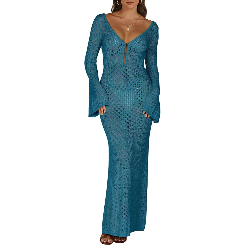 imageANRABESS Women Swimsuit Swim Crochet Cover Up Knit Bathing Suit Swimwear 2025 Summer Bodycon Beach Dress Vacation ClothesCyan