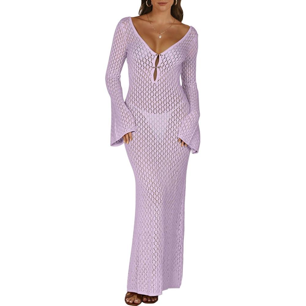 imageANRABESS Women Swimsuit Swim Crochet Cover Up Knit Bathing Suit Swimwear 2025 Summer Bodycon Beach Dress Vacation ClothesLight Purple