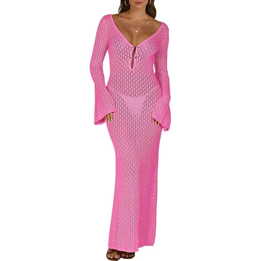 imageANRABESS Women Swimsuit Swim Crochet Cover Up Knit Bathing Suit Swimwear 2025 Summer Bodycon Beach Dress Vacation ClothesRose