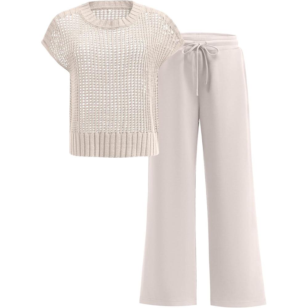 imageANRABESS Women Two Piece Outfits Crochet Sheer Knit Sweater Top Wide Leg Pants Lounge Matching Sets Sweatsuit Travel ClothesAprioct