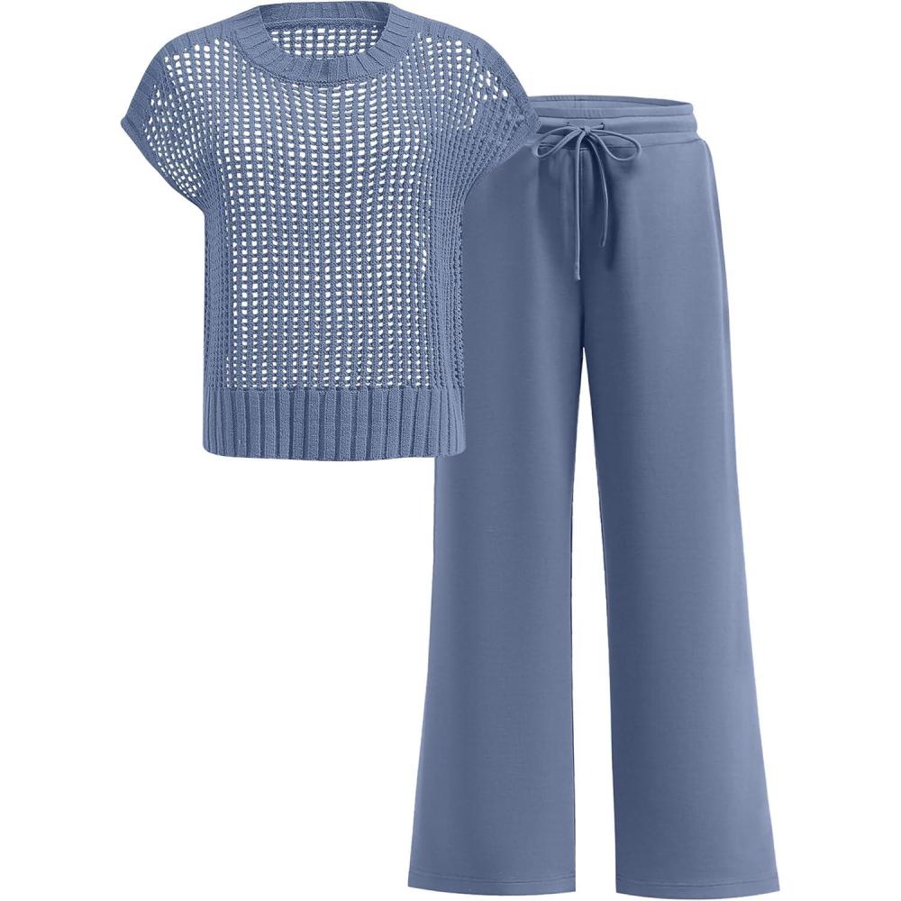 imageANRABESS Women Two Piece Outfits Crochet Sheer Knit Sweater Top Wide Leg Pants Lounge Matching Sets Sweatsuit Travel ClothesDeep Blue