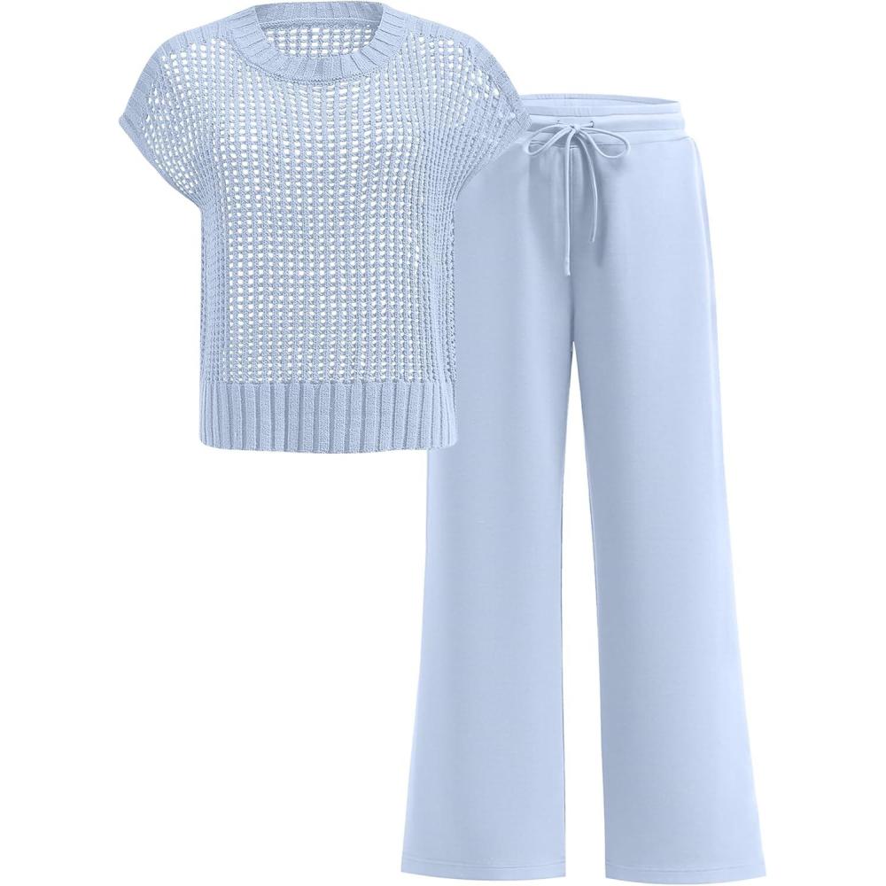 imageANRABESS Women Two Piece Outfits Crochet Sheer Knit Sweater Top Wide Leg Pants Lounge Matching Sets Sweatsuit Travel ClothesSky Blue