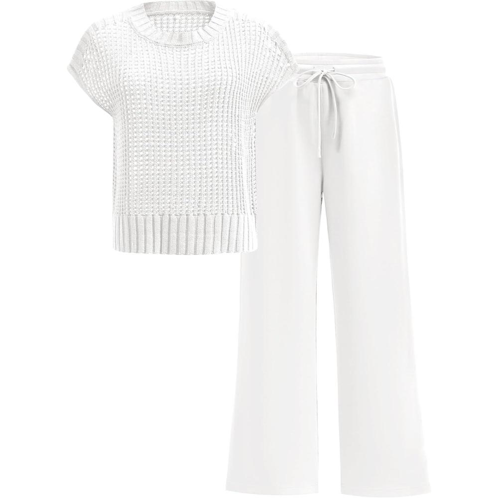 imageANRABESS Women Two Piece Outfits Crochet Sheer Knit Sweater Top Wide Leg Pants Lounge Matching Sets Sweatsuit Travel ClothesWhite