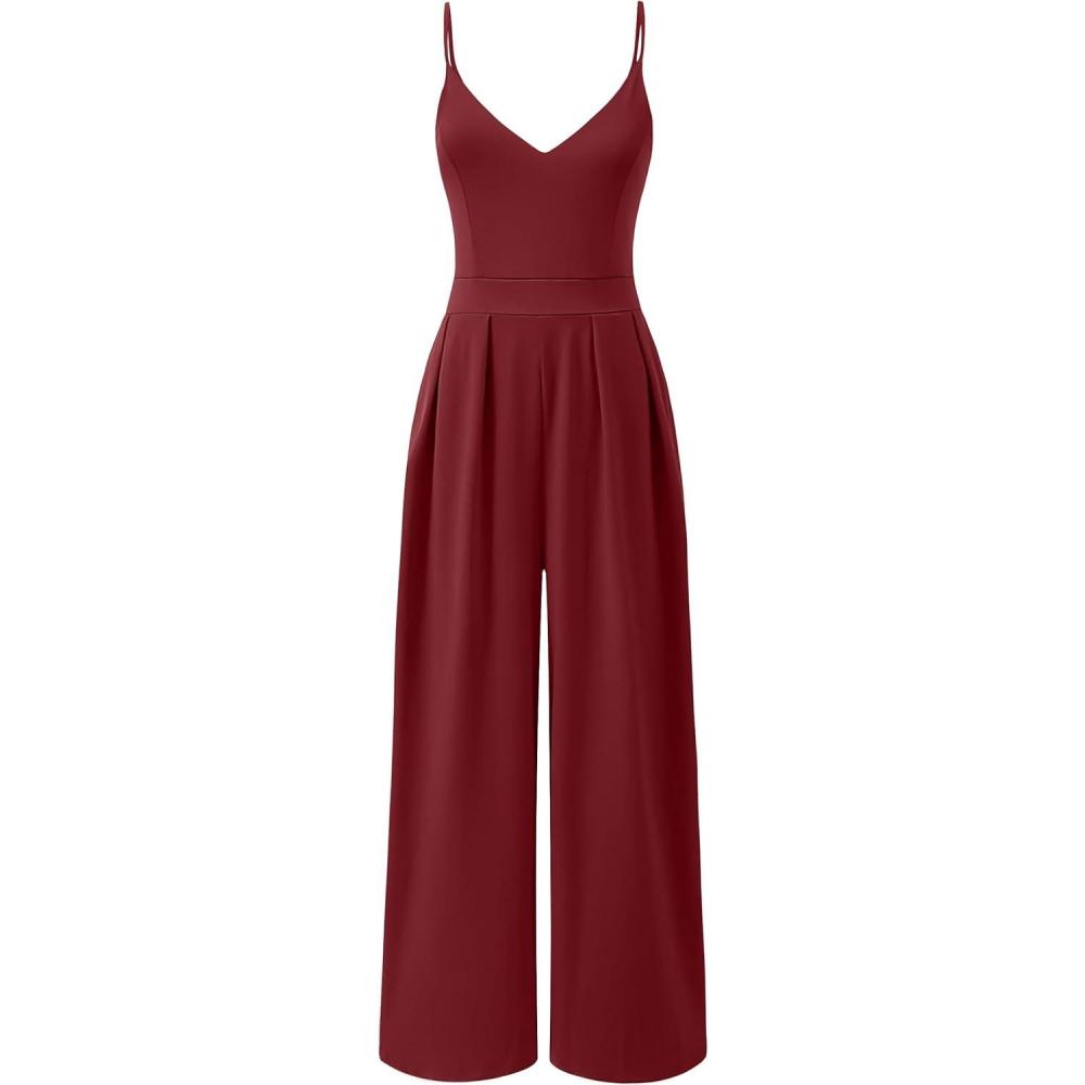 imageANRABESS Women V Neck Spaghetti Strap Wide Leg Dressy Jumpsuits 2025 Summer Casual One Piece Jumper Romper Outfits ampamp PocketsBurgundy