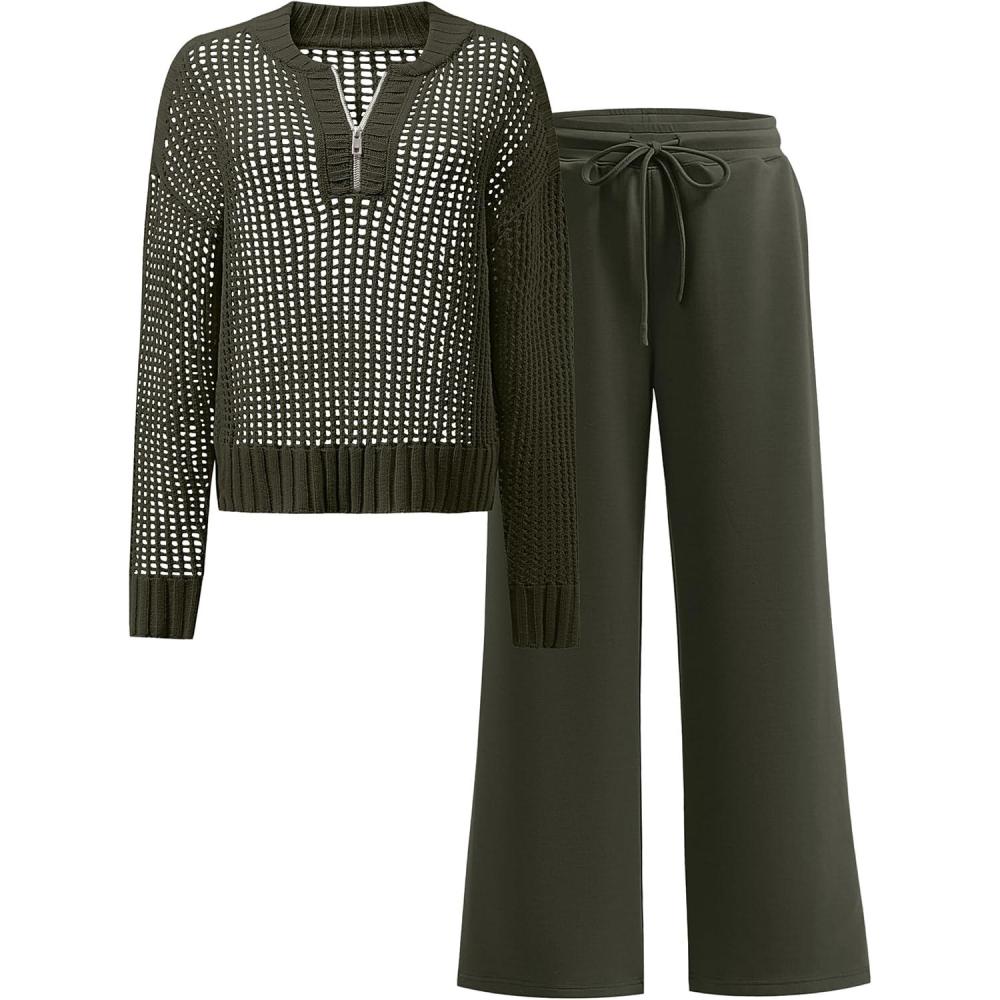 imageANRABESS Womens 2 Piece Outfits 2025 Fall Crochet Knit Half Zip Sweater Top Wide Leg Pant Travel Matching Sets Lounge ClothesArmy Green