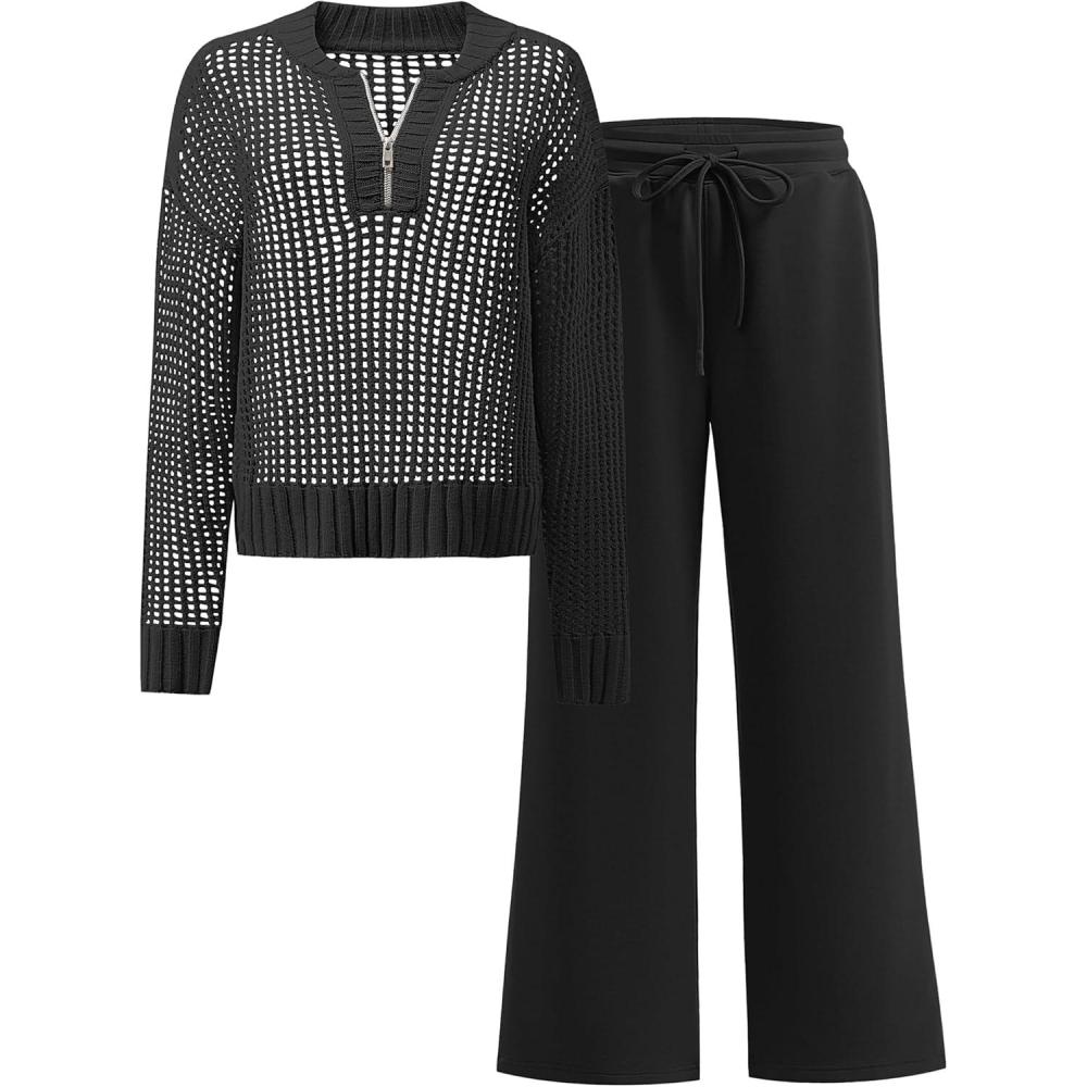 imageANRABESS Womens 2 Piece Outfits 2025 Fall Crochet Knit Half Zip Sweater Top Wide Leg Pant Travel Matching Sets Lounge ClothesBlack