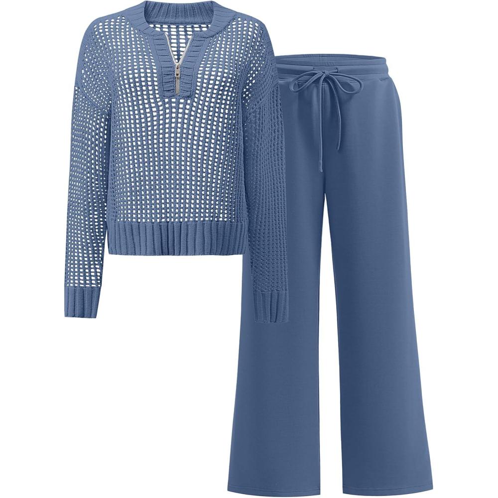 imageANRABESS Womens 2 Piece Outfits 2025 Fall Crochet Knit Half Zip Sweater Top Wide Leg Pant Travel Matching Sets Lounge ClothesBlue