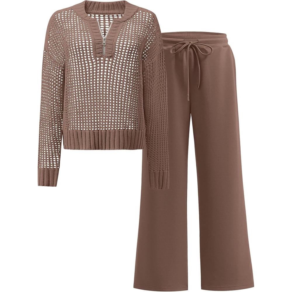 imageANRABESS Womens 2 Piece Outfits 2025 Fall Crochet Knit Half Zip Sweater Top Wide Leg Pant Travel Matching Sets Lounge ClothesBrown