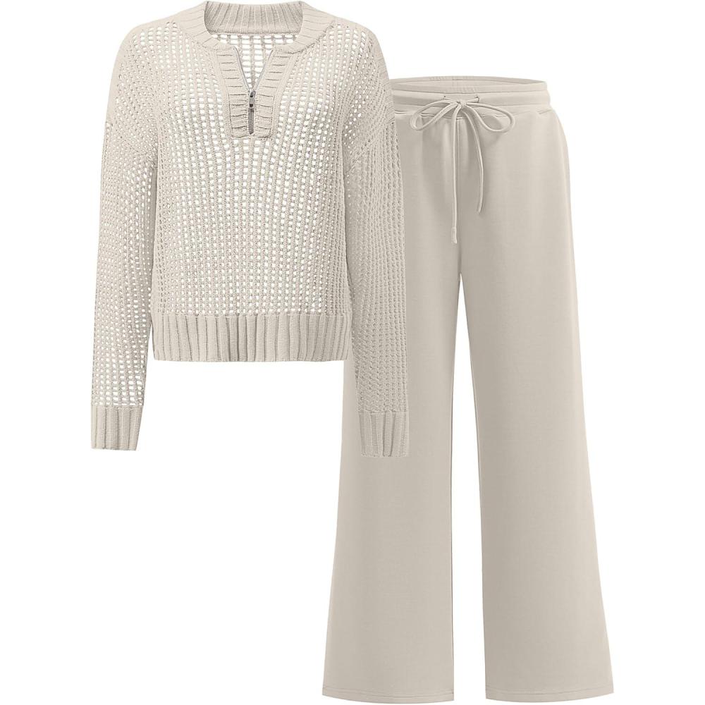 imageANRABESS Womens 2 Piece Outfits 2025 Fall Crochet Knit Half Zip Sweater Top Wide Leg Pant Travel Matching Sets Lounge ClothesLight Tan