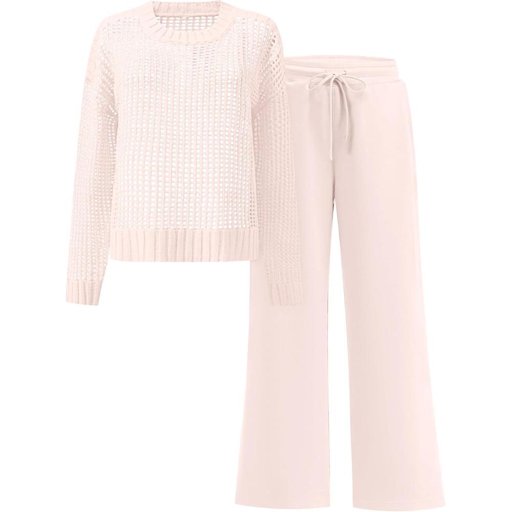 imageANRABESS Womens 2 Piece Outfits Crochet Sheer Knit Sweater Top Wide Leg Pants Lounge Sets Sweatsuit 2025 Fall Travel ClothesBeige Pink