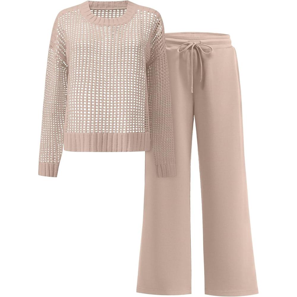imageANRABESS Womens 2 Piece Outfits Crochet Sheer Knit Sweater Top Wide Leg Pants Lounge Sets Sweatsuit 2025 Fall Travel ClothesLight Brown