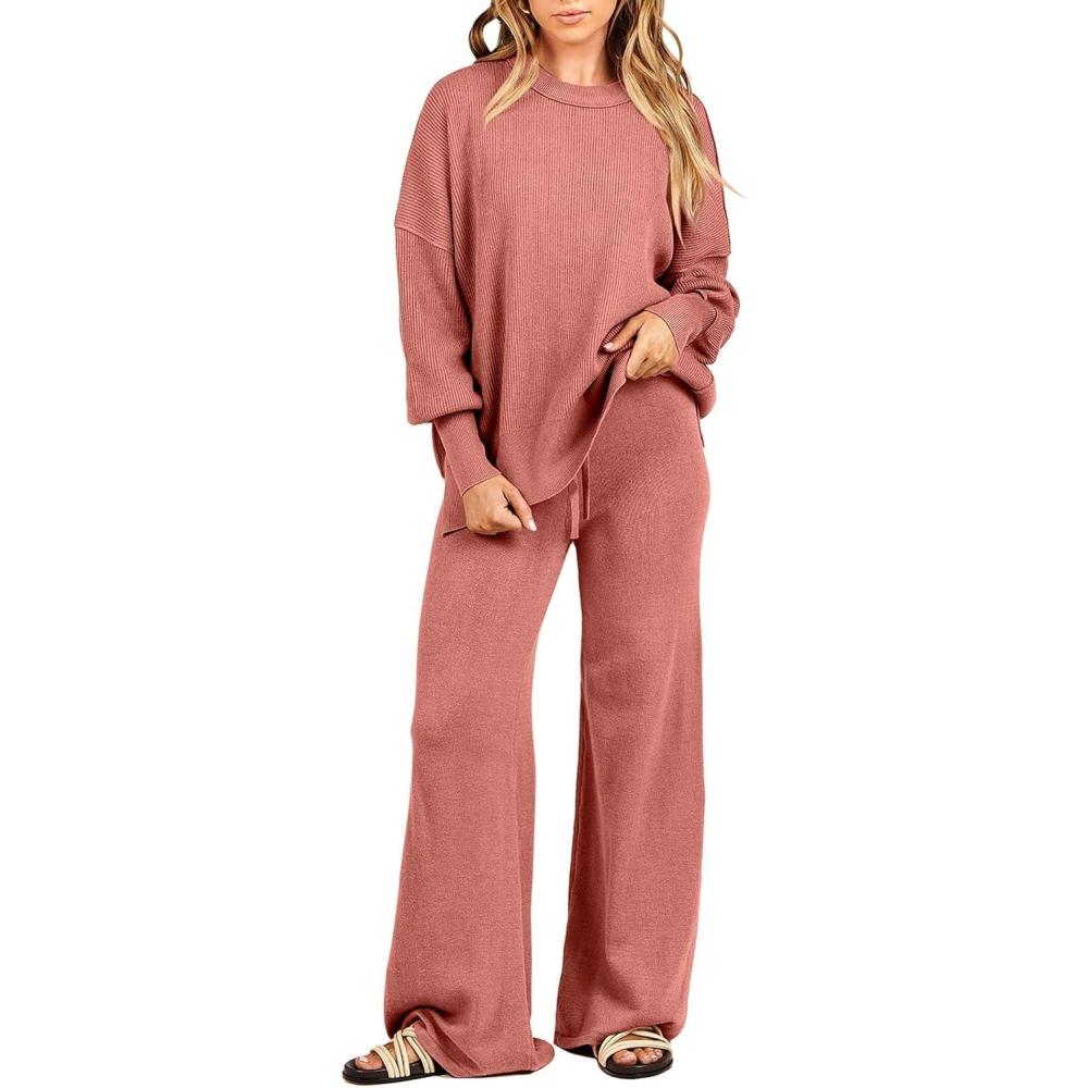imageANRABESS Womens 2 Piece Outfits Fall Lounge Set 2025 Oversized Chunky Knit Sweater Top Wide Leg Pants Loungewear ClothesRust