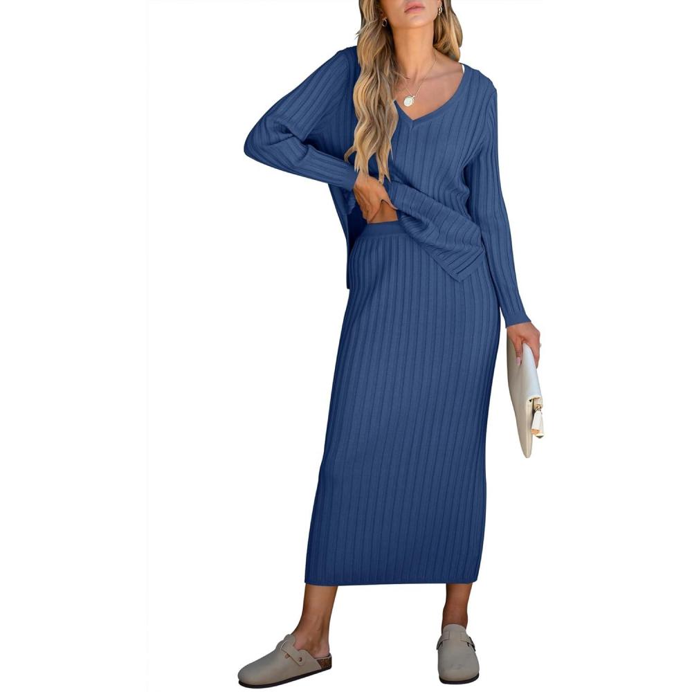 imageANRABESS Womens 2 Piece Outfits Sweater Skirt Sets Casual Long Sleeve V Neck Ribbed Knit Tops Midi Dress 2025 Fall FashionBlue