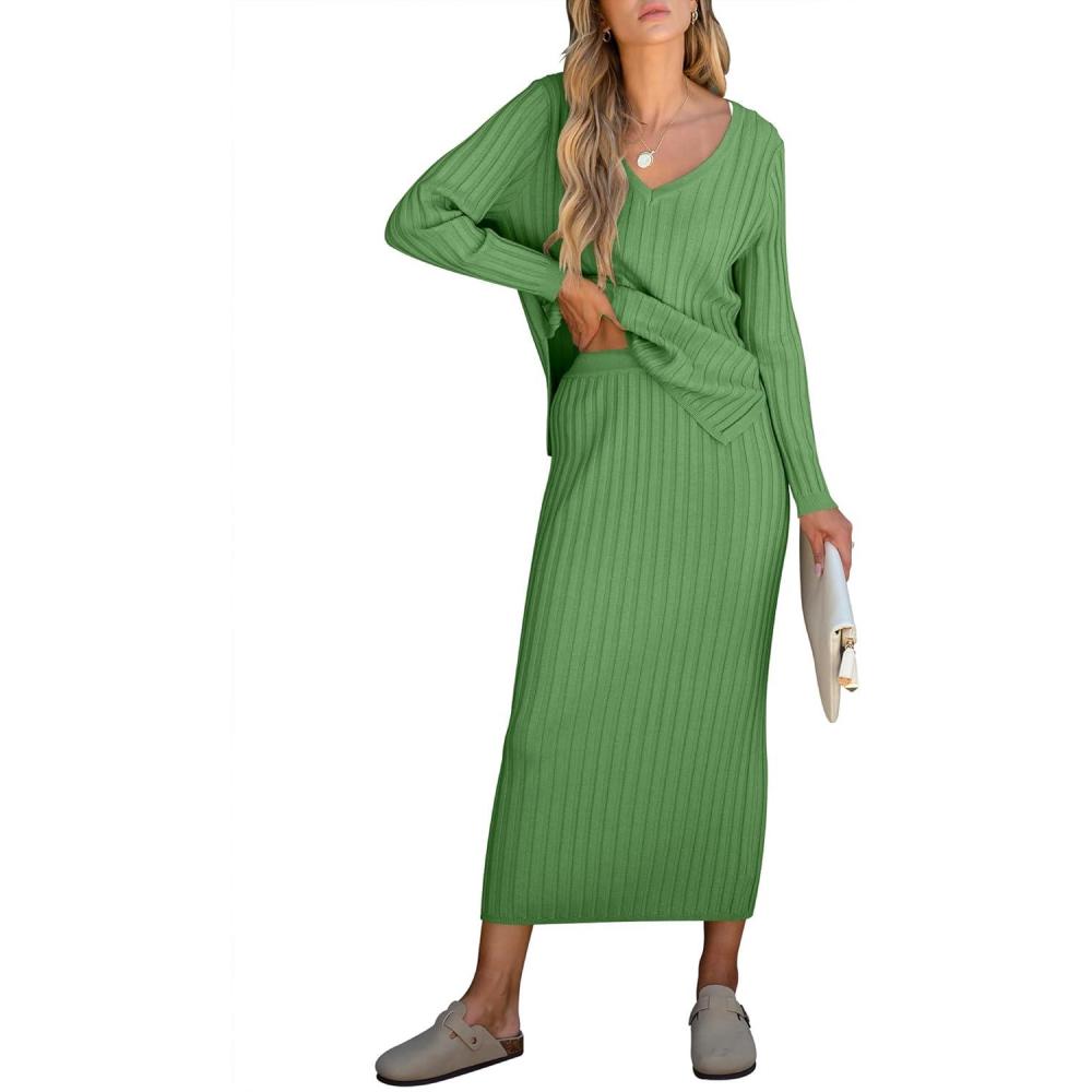 imageANRABESS Womens 2 Piece Outfits Sweater Skirt Sets Casual Long Sleeve V Neck Ribbed Knit Tops Midi Dress 2025 Fall FashionGreen