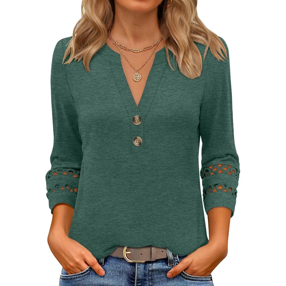 imageANRABESS Womens 34 Length Lace Sleeve Tops Henley V Neck Shirts Dressy Casual Business Blouses 2025 Fall TShirts OutfitsForest Green