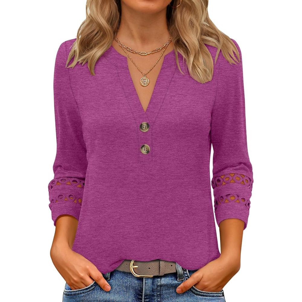 imageANRABESS Womens 34 Length Lace Sleeve Tops Henley V Neck Shirts Dressy Casual Business Blouses 2025 Fall TShirts OutfitsFuchsia