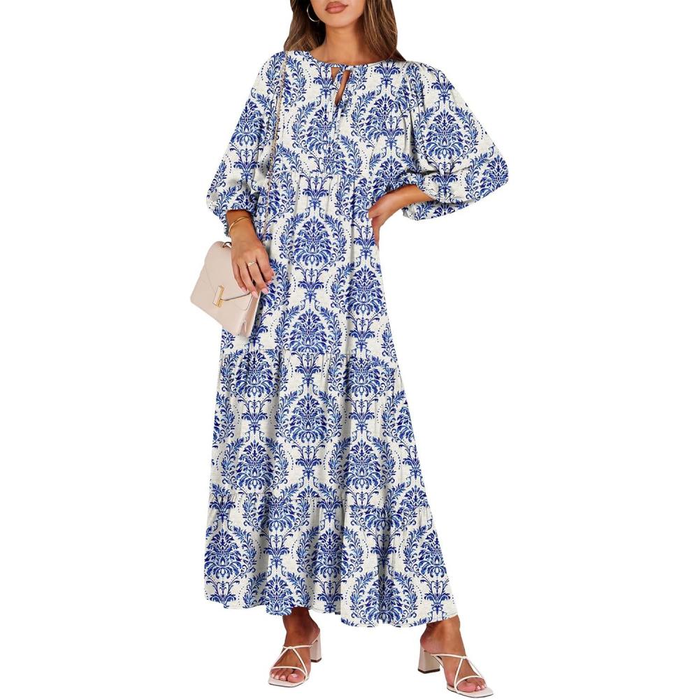 imageANRABESS Womens Boho Maxi Dresses 2025 Summer V Neck Puff Sleeve Floral Flowy Swing Fall Casual Long DressBlue Khaki