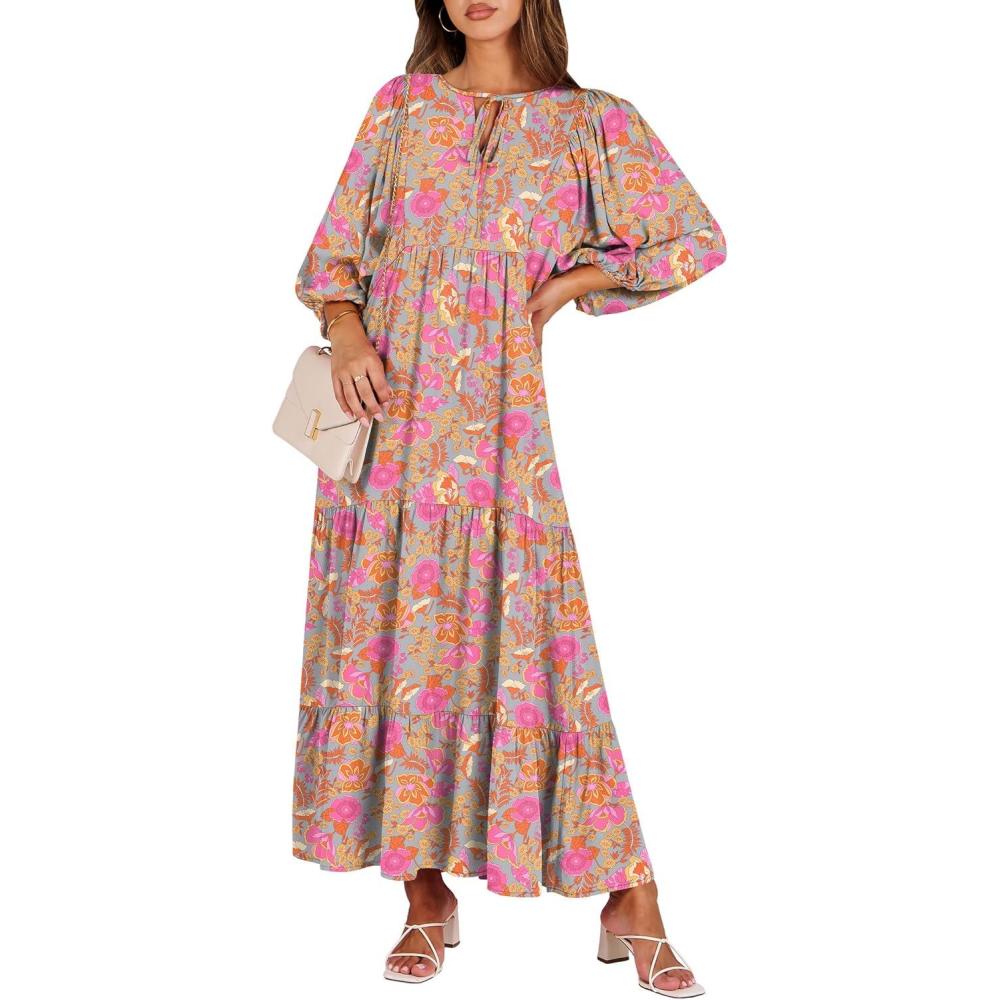 imageANRABESS Womens Boho Maxi Dresses 2025 Summer V Neck Puff Sleeve Floral Flowy Swing Fall Casual Long DressGreygreen Pink Floral