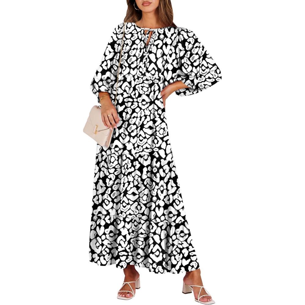 imageANRABESS Womens Boho Maxi Dresses 2025 Summer V Neck Puff Sleeve Floral Flowy Swing Fall Casual Long DressLeopard Print
