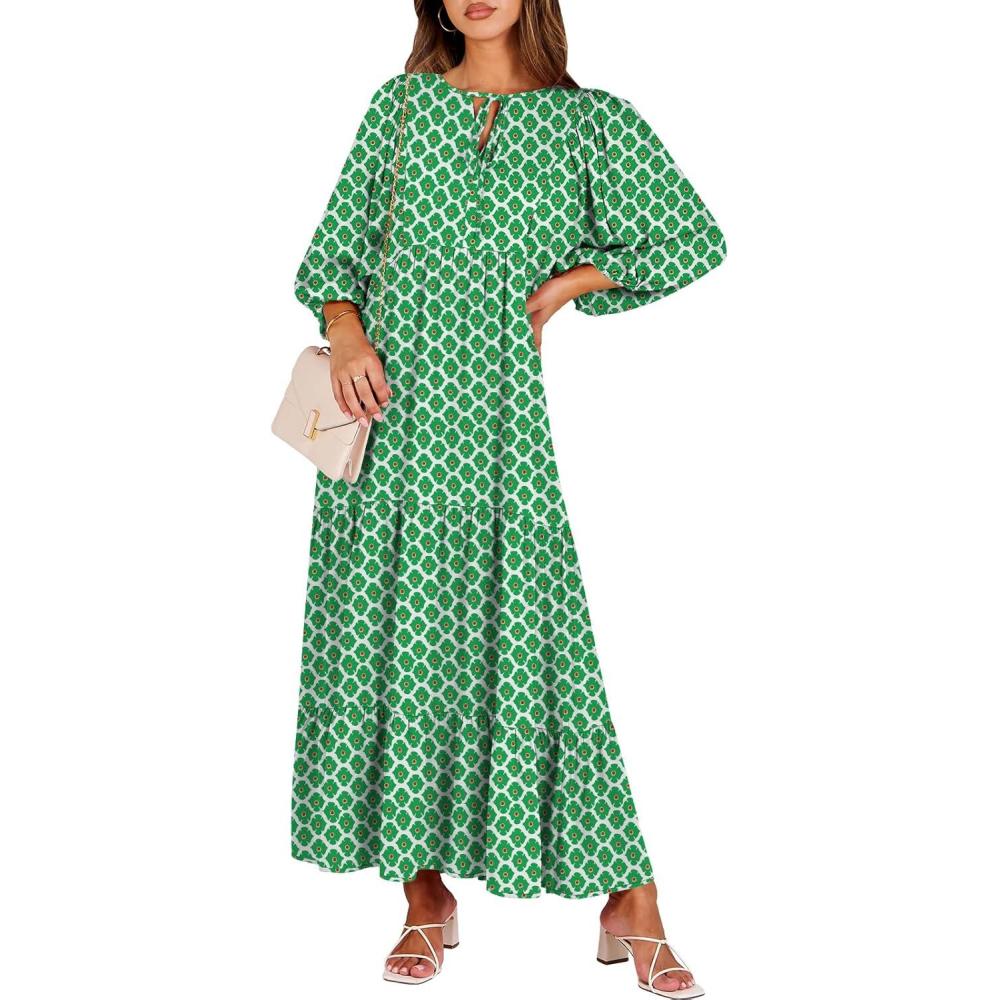 imageANRABESS Womens Boho Maxi Dresses 2025 Summer V Neck Puff Sleeve Floral Flowy Swing Fall Casual Long DressLight Green