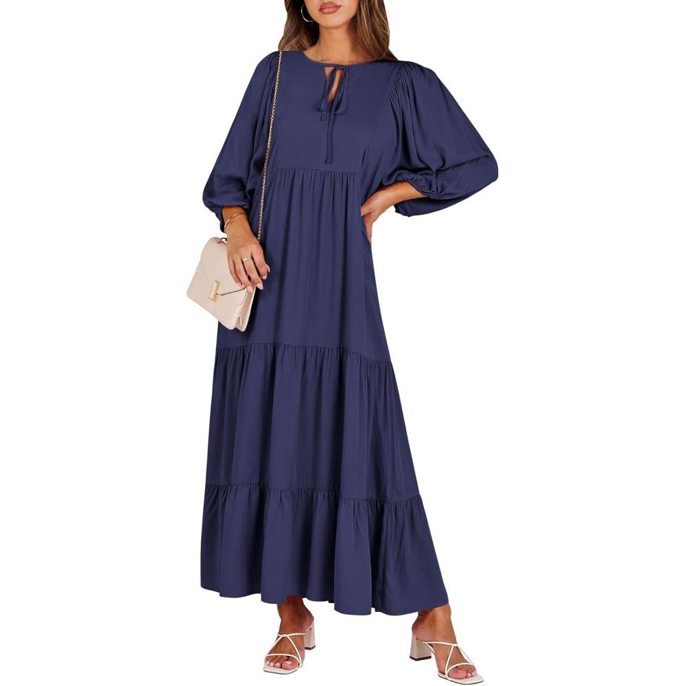 imageANRABESS Womens Boho Maxi Dresses 2025 Summer V Neck Puff Sleeve Floral Flowy Swing Fall Casual Long DressNavy Blue