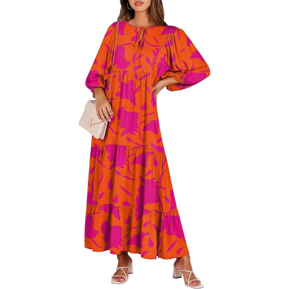 imageANRABESS Womens Boho Maxi Dresses 2025 Summer V Neck Puff Sleeve Floral Flowy Swing Fall Casual Long DressOrange Rose Floral