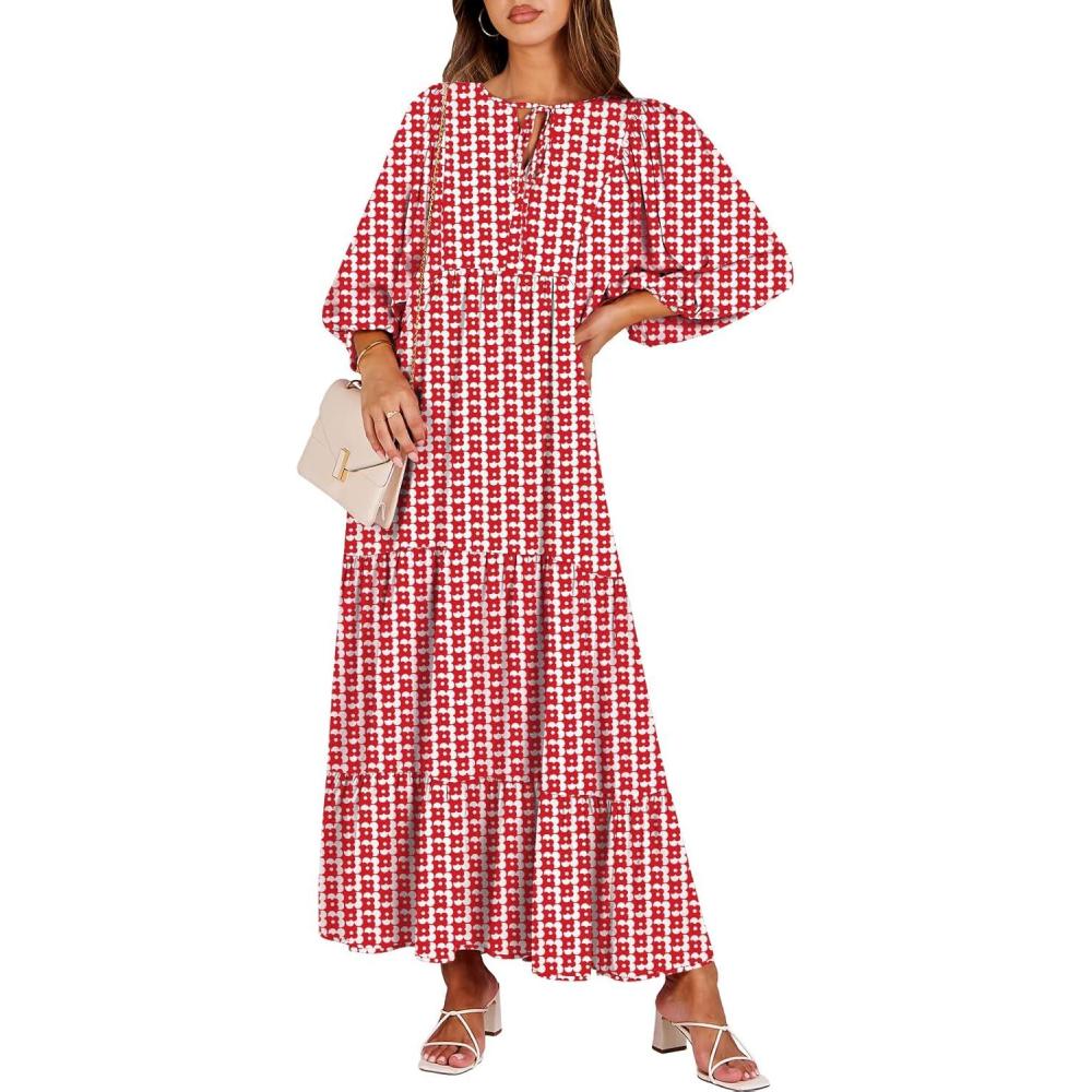 imageANRABESS Womens Boho Maxi Dresses 2025 Summer V Neck Puff Sleeve Floral Flowy Swing Fall Casual Long DressRed Floral