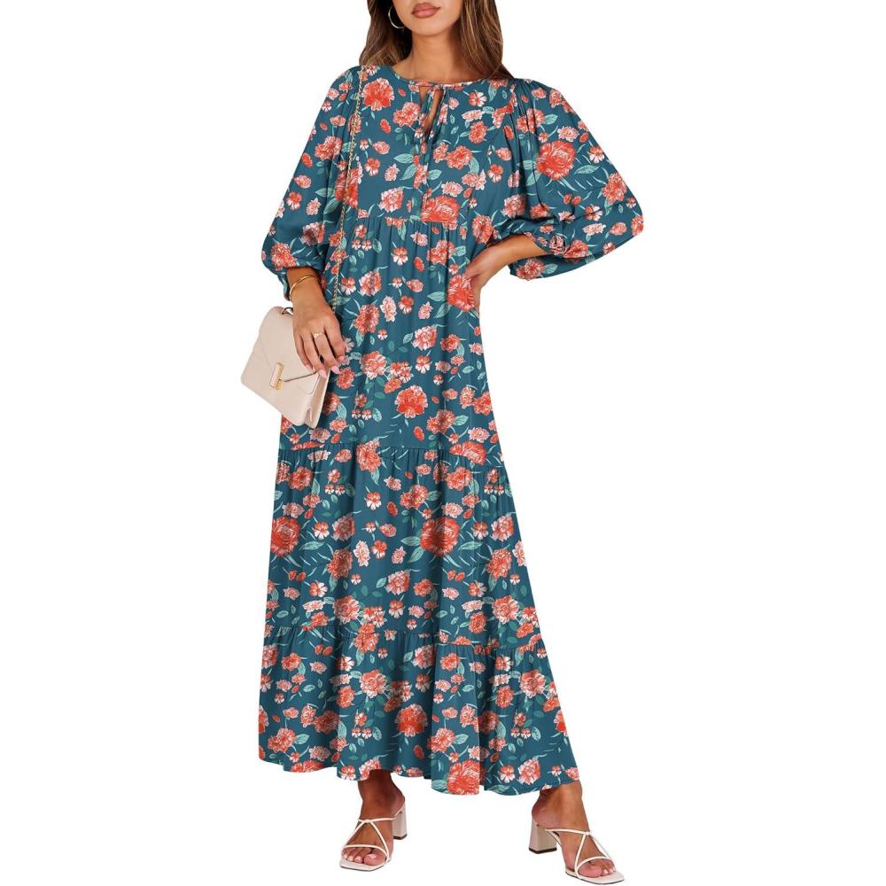 imageANRABESS Womens Boho Maxi Dresses 2025 Summer V Neck Puff Sleeve Floral Flowy Swing Fall Casual Long DressTeal Red Floral