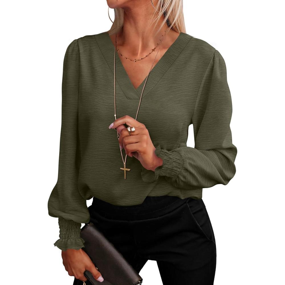 imageANRABESS Womens Business Casual Tops V Neck Puff Long Sleeve Shirts Dressy Office Work Blouse 2025 Fall Outfits ClothesArmy Green