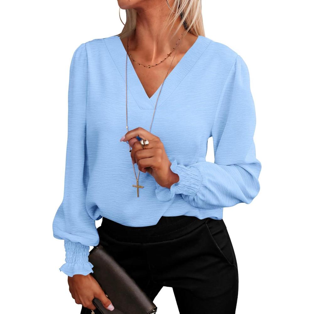 imageANRABESS Womens Business Casual Tops V Neck Puff Long Sleeve Shirts Dressy Office Work Blouse 2025 Fall Outfits ClothesBright Bblue