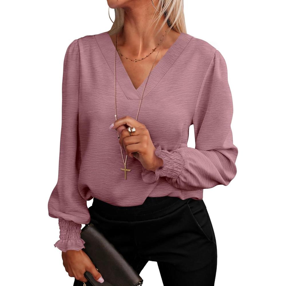 imageANRABESS Womens Business Casual Tops V Neck Puff Long Sleeve Shirts Dressy Office Work Blouse 2025 Fall Outfits ClothesDusty Rose