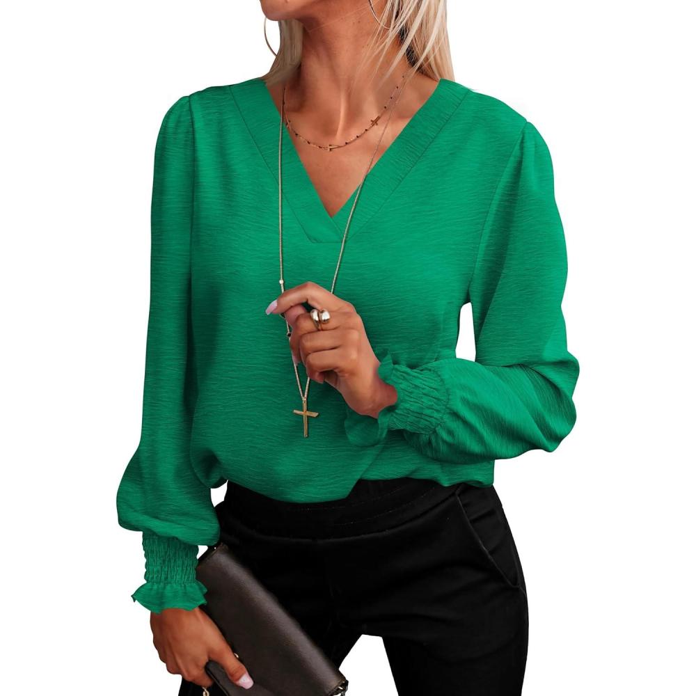 imageANRABESS Womens Business Casual Tops V Neck Puff Long Sleeve Shirts Dressy Office Work Blouse 2025 Fall Outfits ClothesGreen