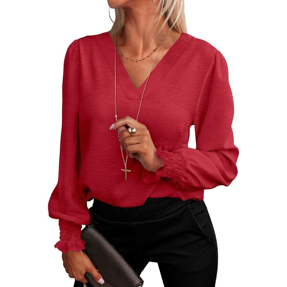 imageANRABESS Womens Business Casual Tops V Neck Puff Long Sleeve Shirts Dressy Office Work Blouse 2025 Fall Outfits ClothesRed