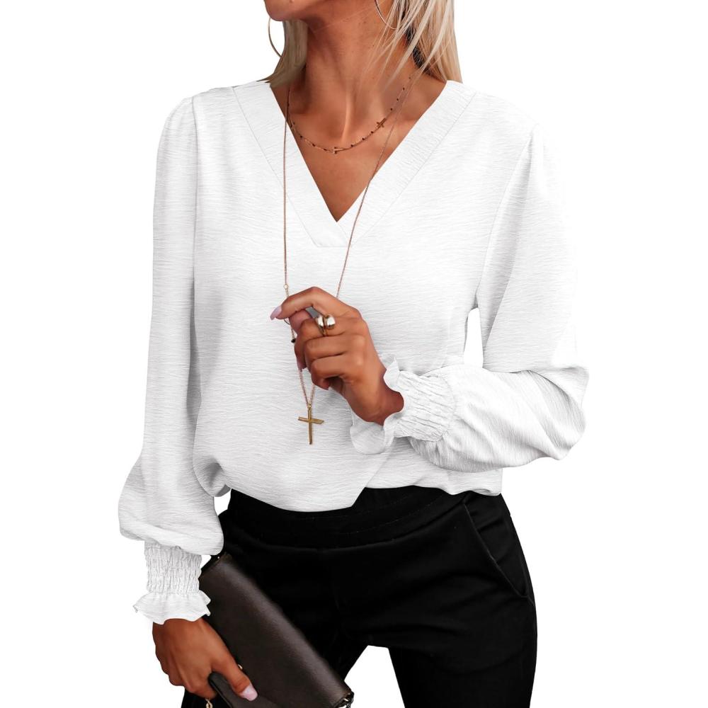 imageANRABESS Womens Business Casual Tops V Neck Puff Long Sleeve Shirts Dressy Office Work Blouse 2025 Fall Outfits ClothesWhite