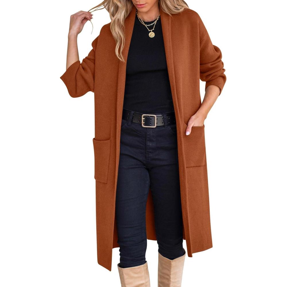 imageANRABESS Womens Cardigan Long Sweater Oversized Open Front Knit Coatigan Duster Coat 2025 Trendy Fall Outfits OuterwearCaramel
