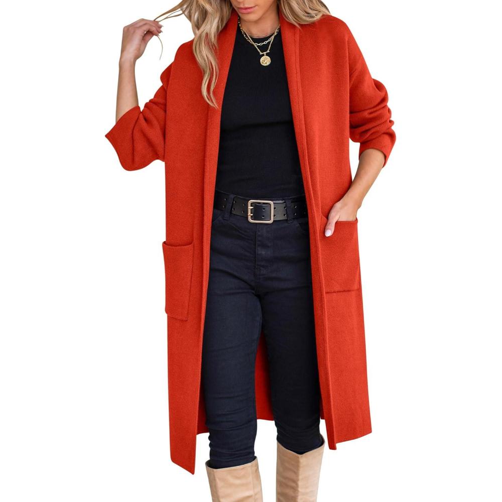 imageANRABESS Womens Cardigan Long Sweater Oversized Open Front Knit Coatigan Duster Coat 2025 Trendy Fall Outfits OuterwearOrange Red